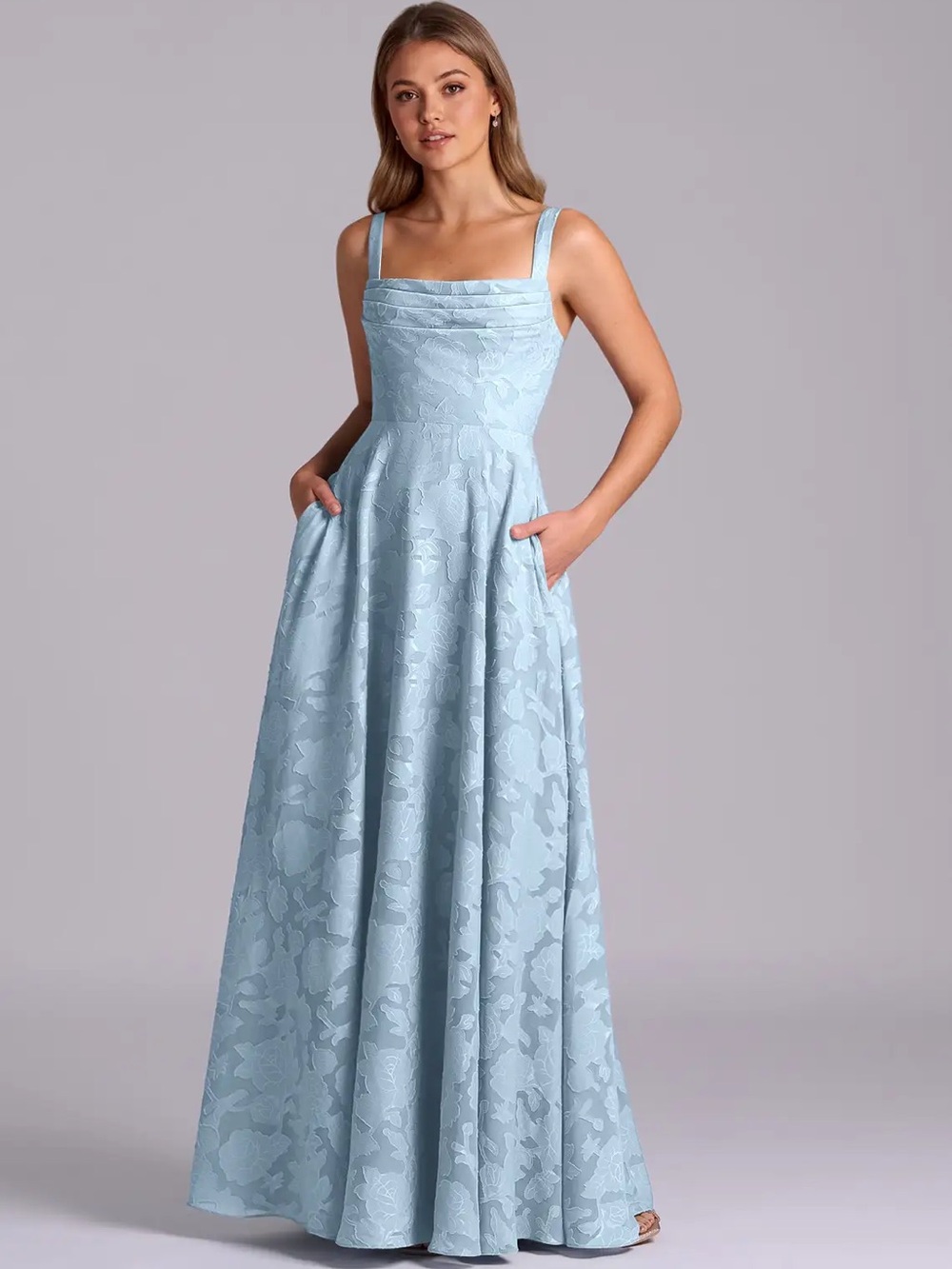 Azazie Shaude Sky Blue A-Line Pleated Floral Burnout Dress